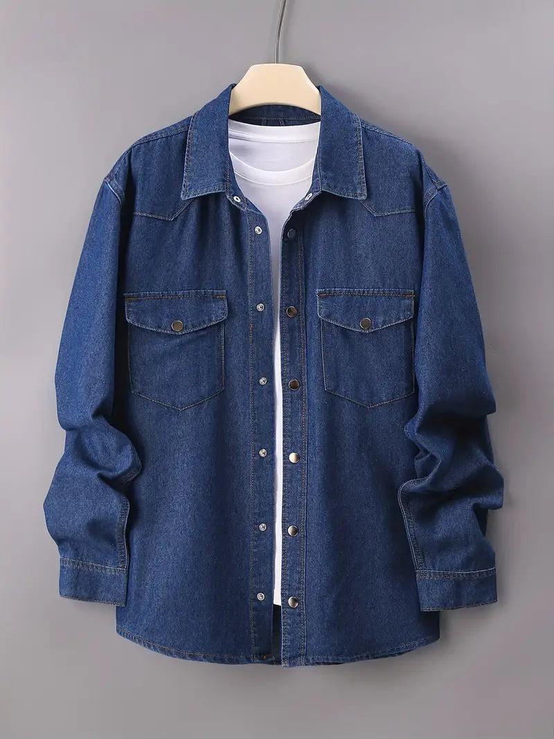 Plus Size Men's Fashion Denim Shirt - Dual Chest Pockets, Comfortable Cotton Blend, Versatile Long Sleeves - Ideal for Spring & Autumn Wear, Perfect for Big & Tall