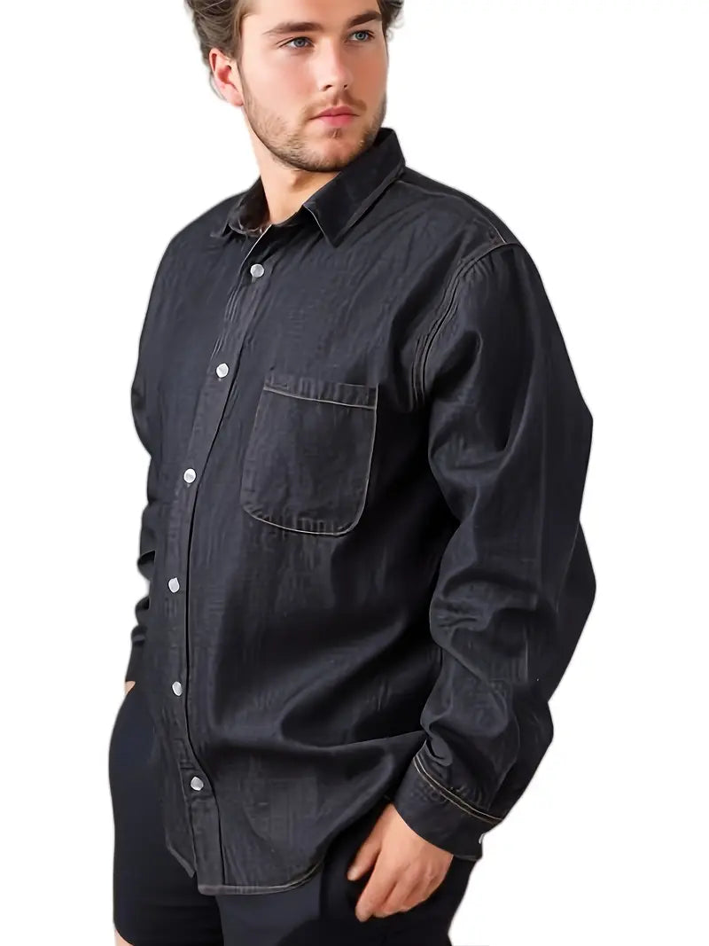 Plus Size Men's Stylish Loose Cotton Blend Solid Denim Shirt, Casual Breathable Lapel Button Up Long Sleeve Shirt For Spring Fall Outdoor Activities, Men's Clothing