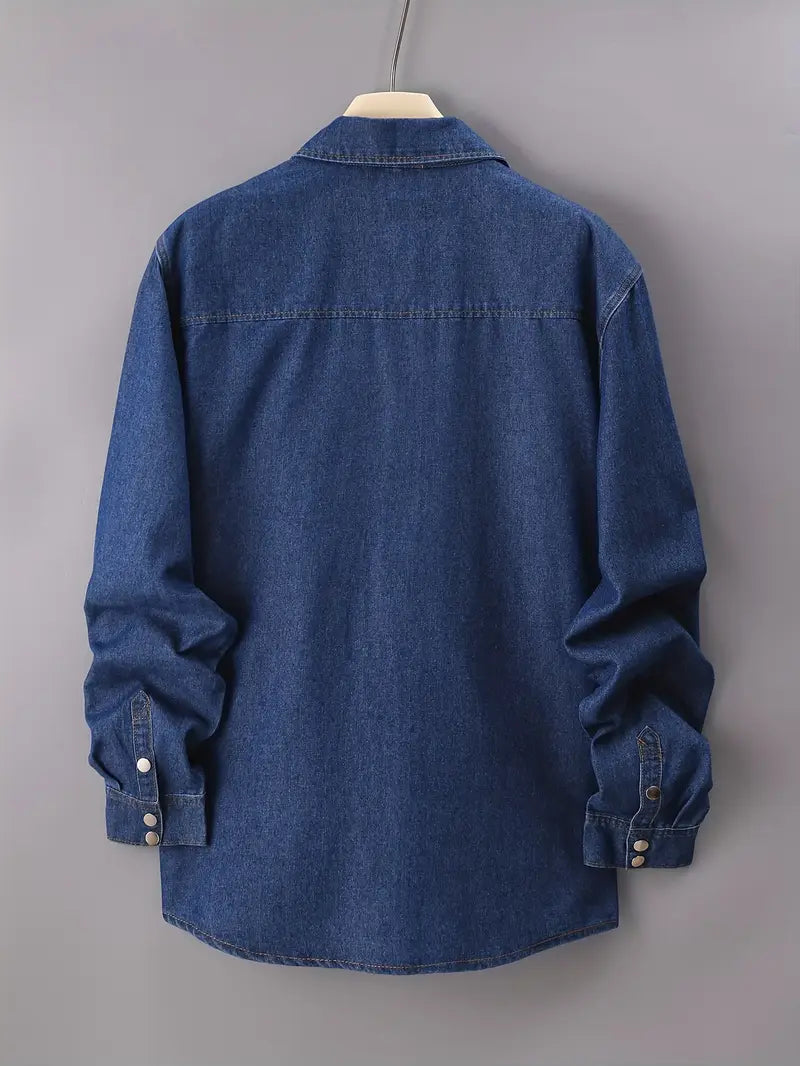 Plus Size Men's Fashion Denim Shirt - Dual Chest Pockets, Comfortable Cotton Blend, Versatile Long Sleeves - Ideal for Spring & Autumn Wear, Perfect for Big & Tall