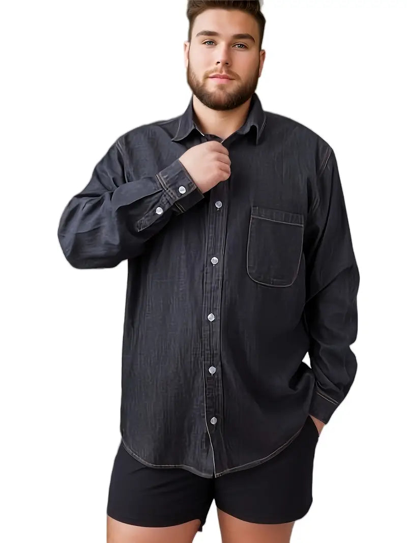 Plus Size Men's Stylish Loose Cotton Blend Solid Denim Shirt, Casual Breathable Lapel Button Up Long Sleeve Shirt For Spring Fall Outdoor Activities, Men's Clothing