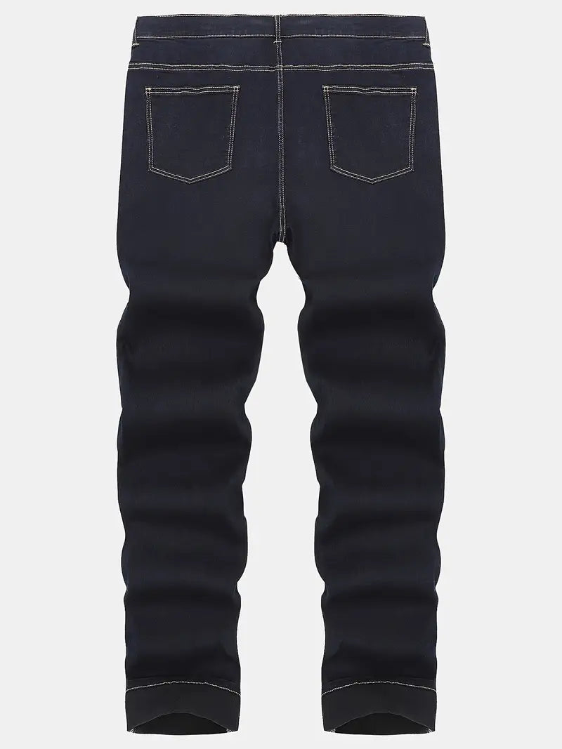 Plus Size Dark Indigo Mid Rise Straight Stretch Comfortable Fit Jeans, Casual Trendy Mens Clothes