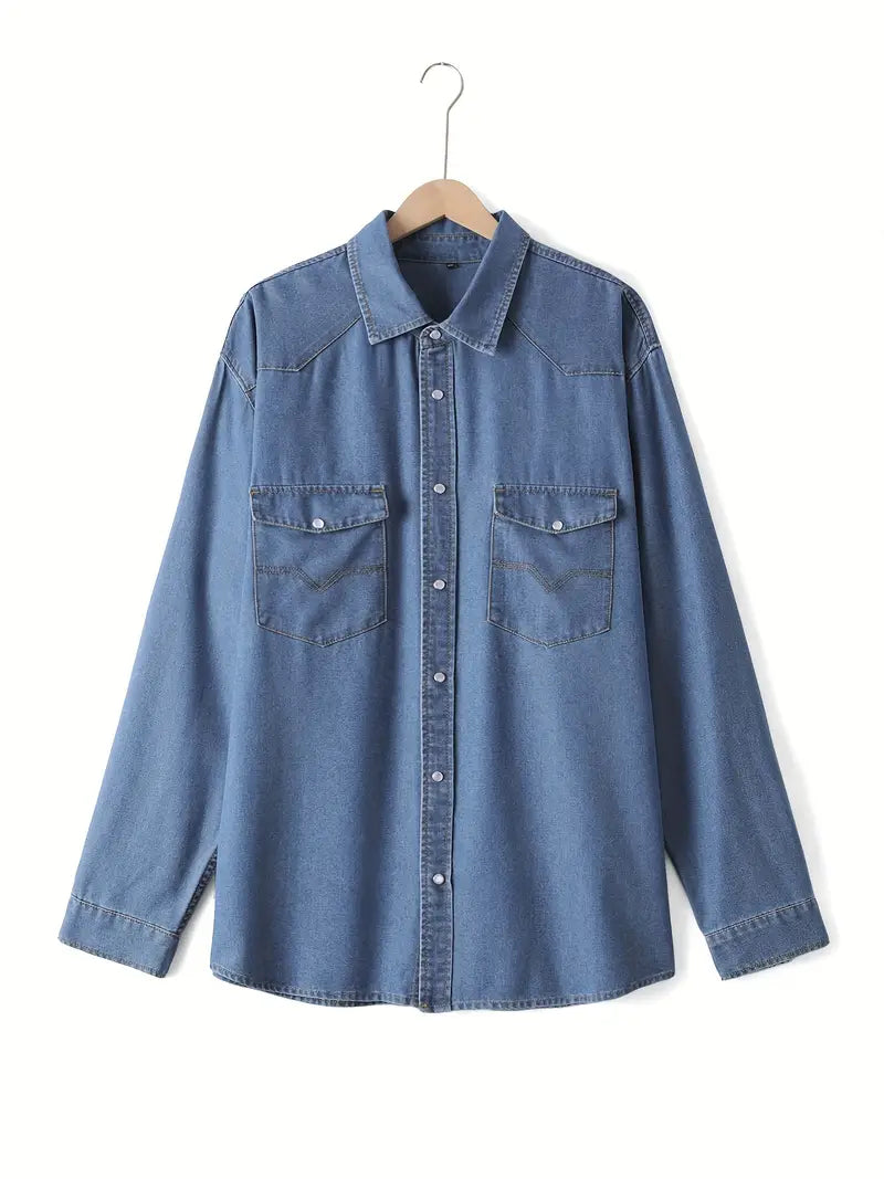 Plus Size Cotton Men's Long Sleeve Casual Regular Fit Denim Shirt, Full Button Up Vintage Jean Shirt With Turn-Down Collar