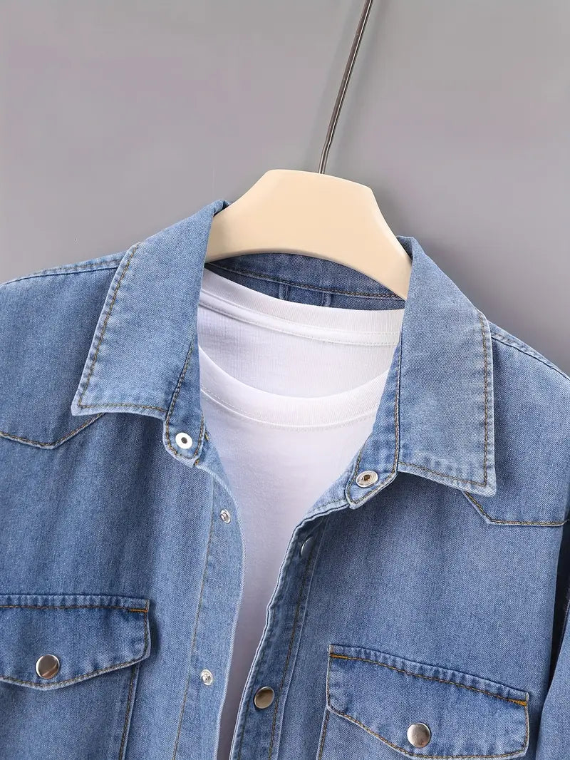 Plus Size Men's Fashion Denim Shirt - Dual Chest Pockets, Comfortable Cotton Blend, Versatile Long Sleeves - Ideal for Spring & Autumn Wear, Perfect for Big & Tall