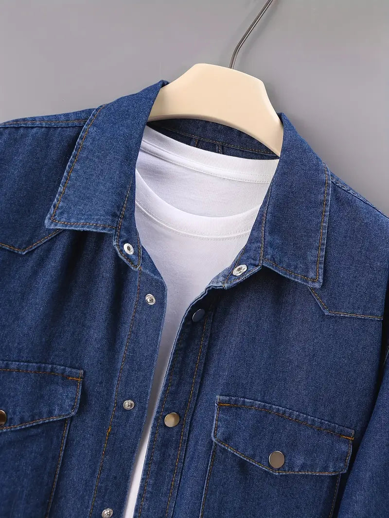 Plus Size Men's Fashion Denim Shirt - Dual Chest Pockets, Comfortable Cotton Blend, Versatile Long Sleeves - Ideal for Spring & Autumn Wear, Perfect for Big & Tall