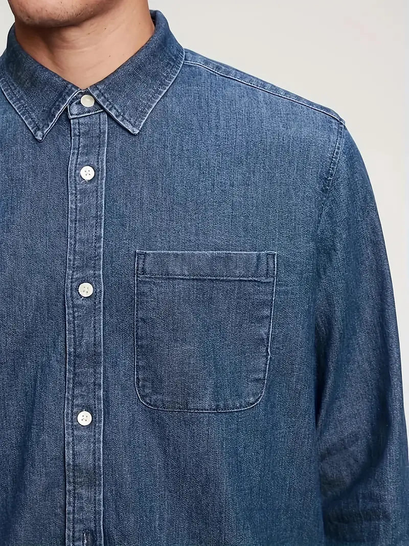 Plus Size Mens Alluring Solid Denim Shirt - Comfortable Long Sleeves for Stylish Casual Wear - Perfect for Spring & Fall Seasons