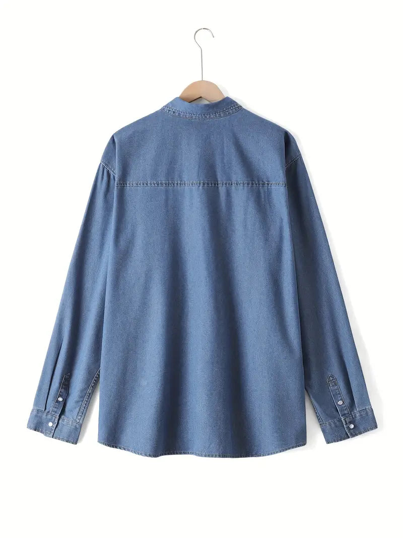 Plus Size Cotton Men's Long Sleeve Casual Regular Fit Denim Shirt, Full Button Up Vintage Jean Shirt With Turn-Down Collar