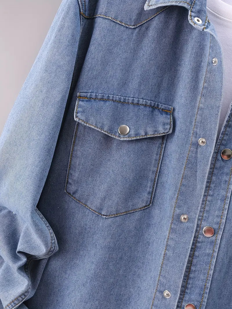 Plus Size Men's Fashion Denim Shirt - Dual Chest Pockets, Comfortable Cotton Blend, Versatile Long Sleeves - Ideal for Spring & Autumn Wear, Perfect for Big & Tall
