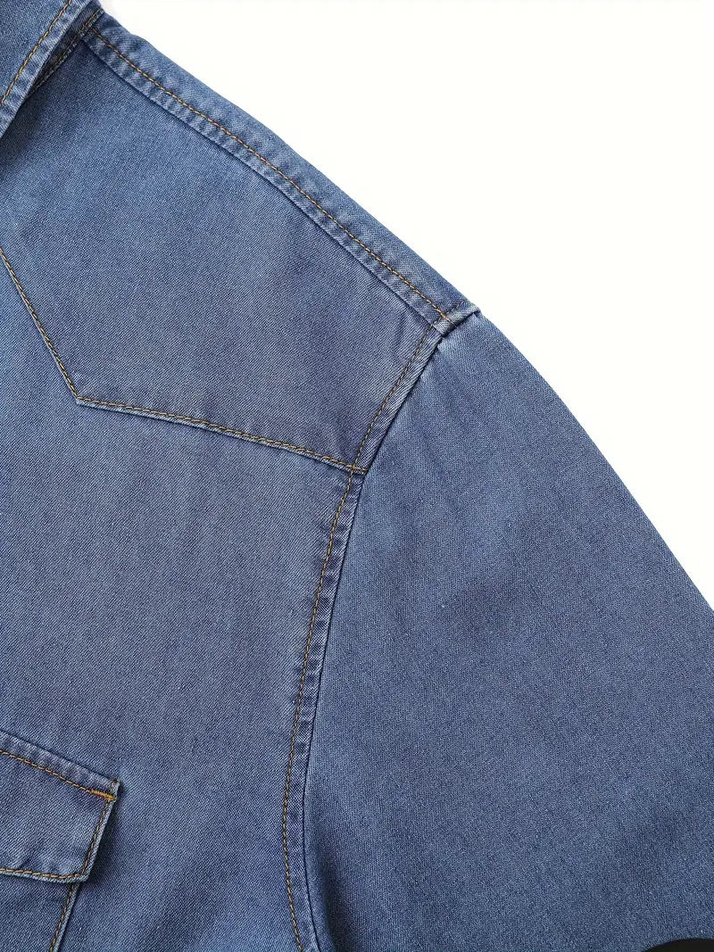 Plus Size Cotton Men's Long Sleeve Casual Regular Fit Denim Shirt, Full Button Up Vintage Jean Shirt With Turn-Down Collar