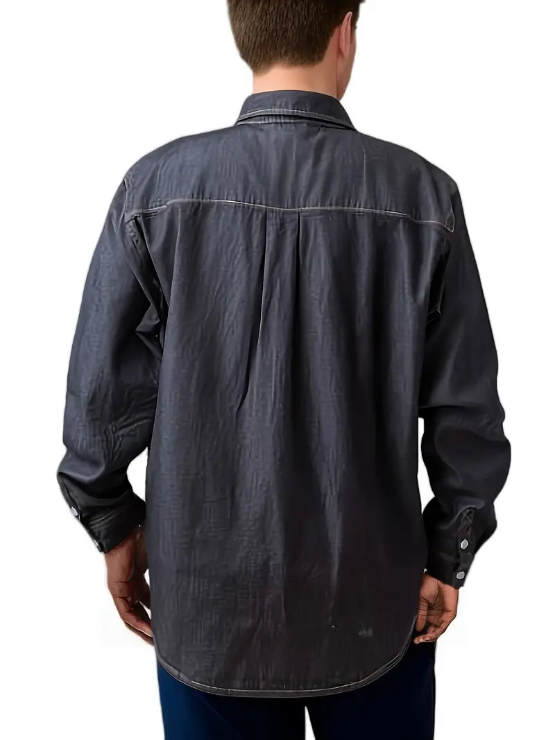 Plus Size Men's Stylish Loose Cotton Blend Solid Denim Shirt, Casual Breathable Lapel Button Up Long Sleeve Shirt For Spring Fall Outdoor Activities, Men's Clothing