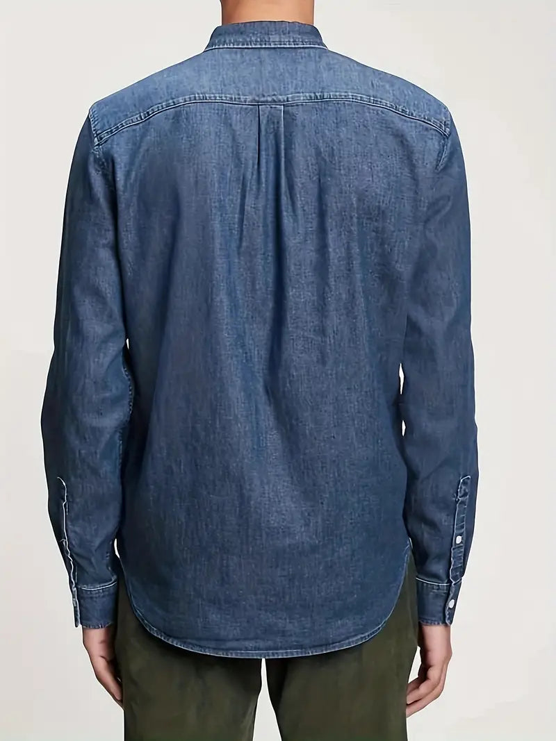 Plus Size Mens Alluring Solid Denim Shirt - Comfortable Long Sleeves for Stylish Casual Wear - Perfect for Spring & Fall Seasons