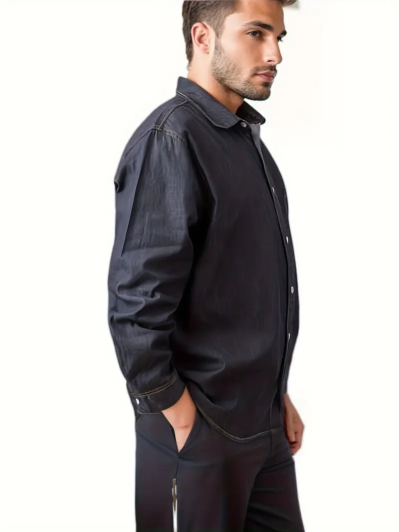 Plus Size Men's Stylish Loose Cotton Blend Solid Denim Shirt, Casual Breathable Lapel Button Up Long Sleeve Shirt For Spring Fall Outdoor Activities, Men's Clothing