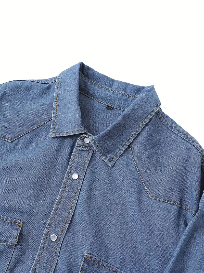 Plus Size Cotton Men's Long Sleeve Casual Regular Fit Denim Shirt, Full Button Up Vintage Jean Shirt With Turn-Down Collar