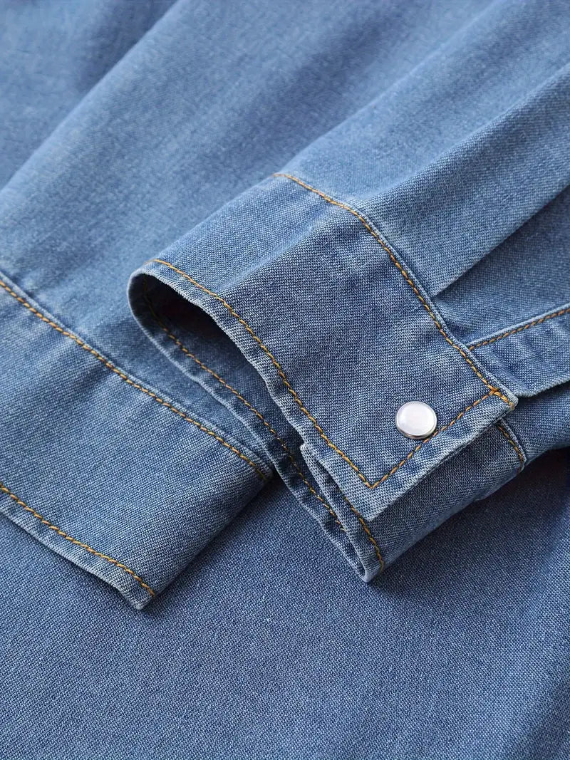 Plus Size Cotton Men's Long Sleeve Casual Regular Fit Denim Shirt, Full Button Up Vintage Jean Shirt With Turn-Down Collar