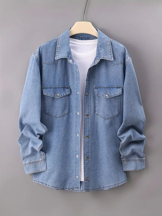 Plus Size Men's Fashion Denim Shirt - Dual Chest Pockets, Comfortable Cotton Blend, Versatile Long Sleeves - Ideal for Spring & Autumn Wear, Perfect for Big & Tall
