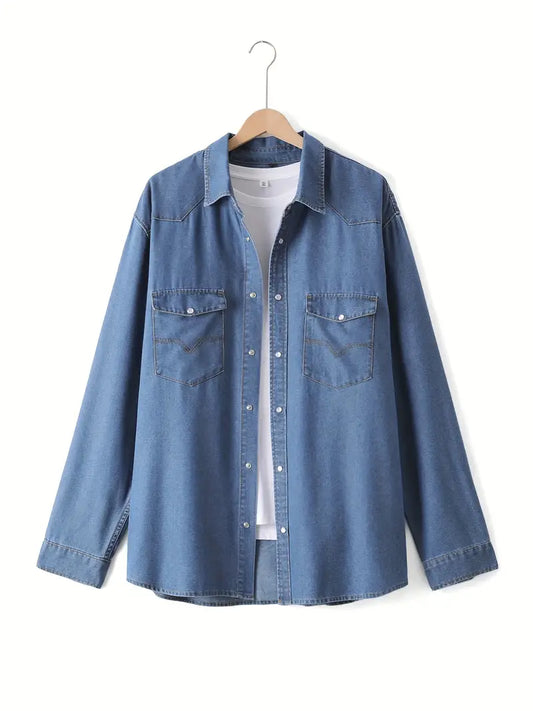 Plus Size Cotton Men's Long Sleeve Casual Regular Fit Denim Shirt, Full Button Up Vintage Jean Shirt With Turn-Down Collar