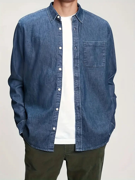 Plus Size Mens Alluring Solid Denim Shirt - Comfortable Long Sleeves for Stylish Casual Wear - Perfect for Spring & Fall Seasons