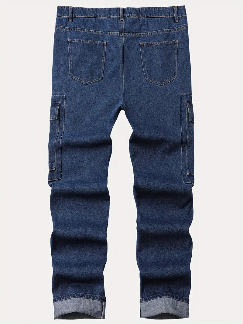 1pc Plus Size Non-Stretch Men's Retro Cargo Denim Jeans, Loose Fit, Solid Color, All-Season, Washed Detail, Woven Fabric - Adult Casual Work Pants