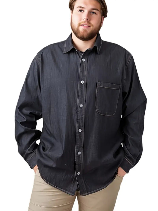 Plus Size Men's Stylish Loose Cotton Blend Solid Denim Shirt, Casual Breathable Lapel Button Up Long Sleeve Shirt For Spring Fall Outdoor Activities, Men's Clothing