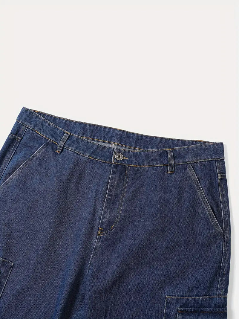 1pc Plus Size Non-Stretch Men's Retro Cargo Denim Jeans, Loose Fit, Solid Color, All-Season, Washed Detail, Woven Fabric - Adult Casual Work Pants