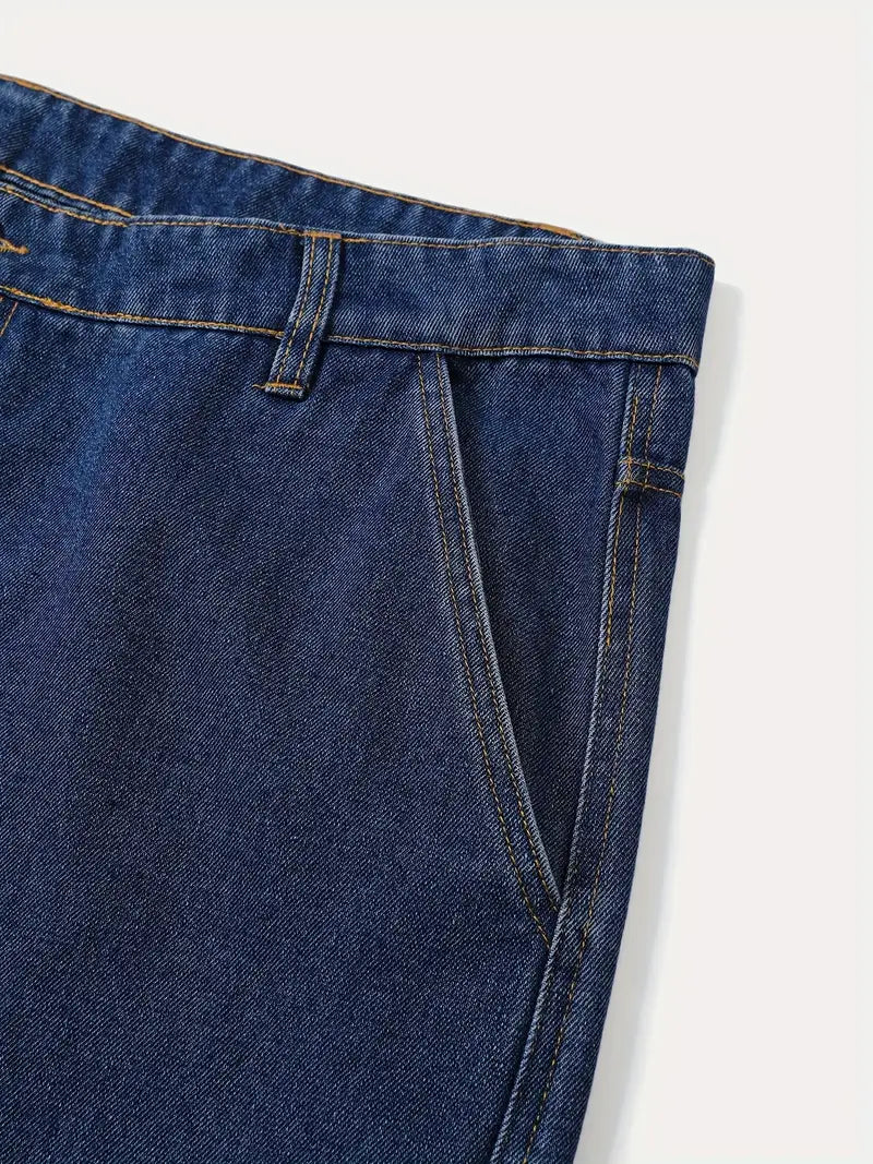 1pc Plus Size Non-Stretch Men's Retro Cargo Denim Jeans, Loose Fit, Solid Color, All-Season, Washed Detail, Woven Fabric - Adult Casual Work Pants